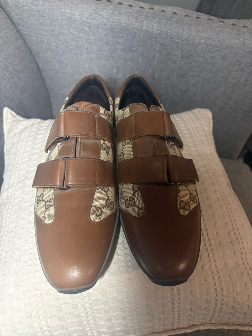 Gucci Brown Leather & GG Canvas Velcro Loafers - Men size 9 Brand New - Picture 2 of 6